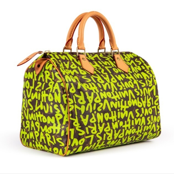 LOUIS VUITTON X Stephen Spriuse Monogram Graffiti Speedy 30 neon green LV bag - Picture 1 of 16